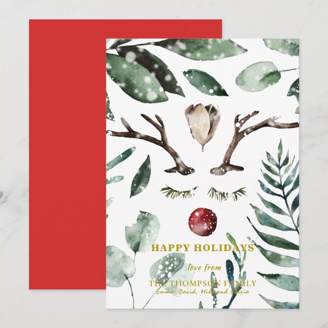 Festive Red Green Foliage Eucalyptus Magnolia  Holiday Card (Front/Back)