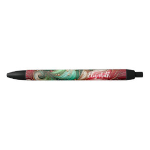 Festive Red Green Gold Ink Swirl Personalised Name Black Ink Pen