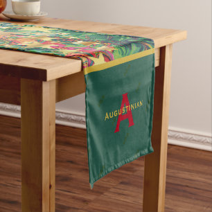 Festive Red Green Gold Personalized Christmas Short Table Runner