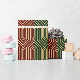 Festive Red/Green Modern Art Deco Gold Pattern 108 Wrapping Paper