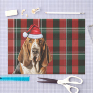 Festive Red Green Plaid and Basset Hound Christmas Tissue Paper