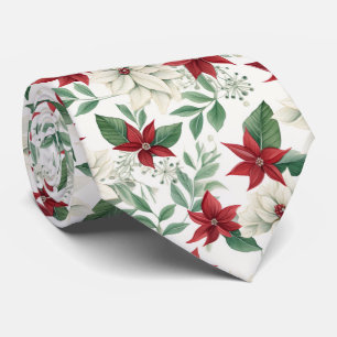 Festive Red & Green Poinsettia Holiday Floral Tie