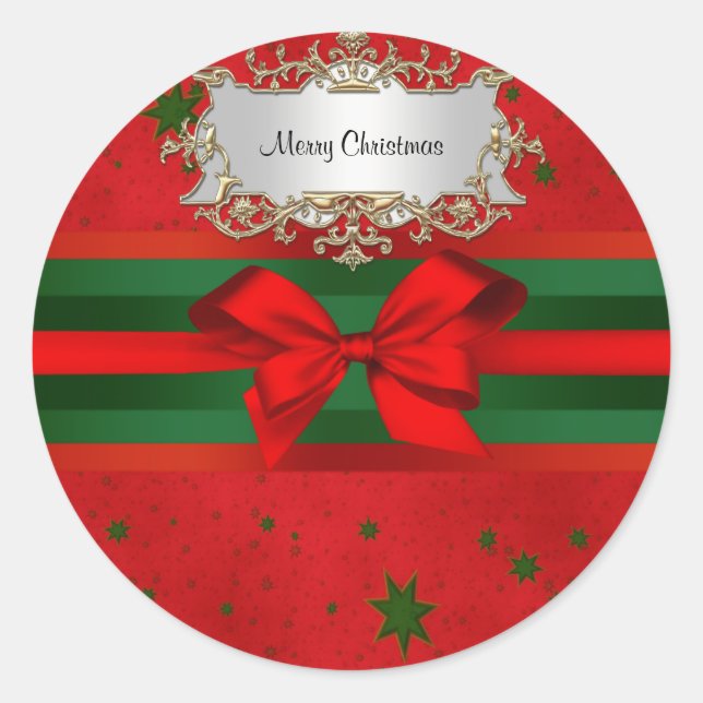 Festive Red Green Stars Bow Ribbon Christmas Classic Round Sticker (Front)