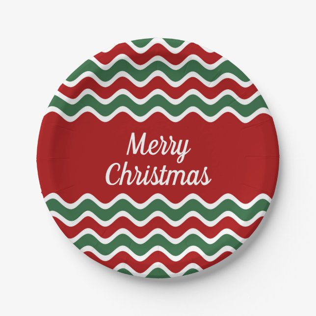 Festive Red Green Stripes Christmas Paper Plates. Plate (Front)