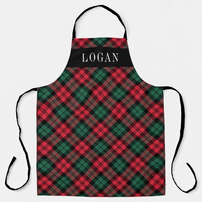 Festive Red Green Watch Plaid Monogram Mens Apron (Front)