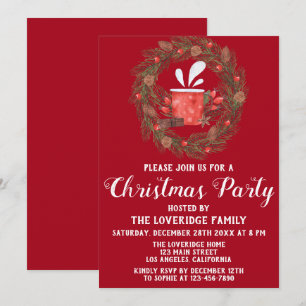Festive Red & Green Wreath Holiday Christmas Party Invitation
