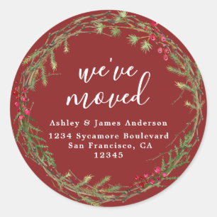 Festive Red Greenery Christmas We've Moved Address Classic Round Sticker