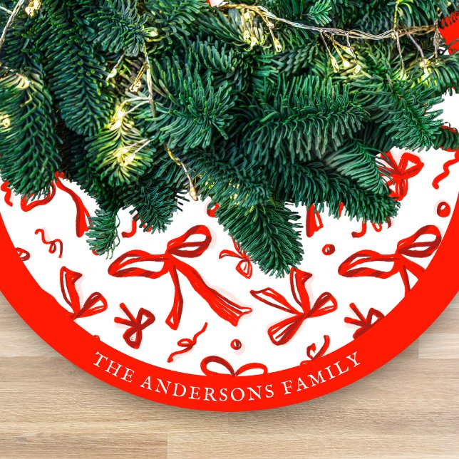 Festive Red Hand Drawn Bows and Ribbons Pattern Fleece Tree Skirt (Creator Uploaded)