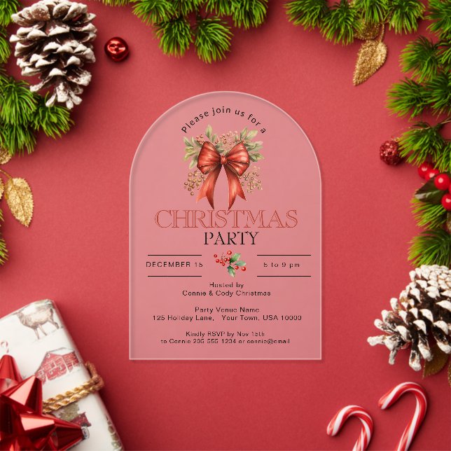 FESTIVE RED HOLIDAY BOW CHRISTMAS PARTY ACRYLIC INVITATIONS (Insitu (Holiday))