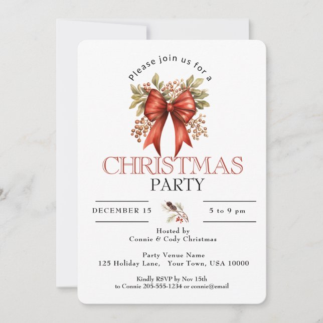 FESTIVE RED HOLIDAY BOW CHRISTMAS PARTY INVITATION (Front)