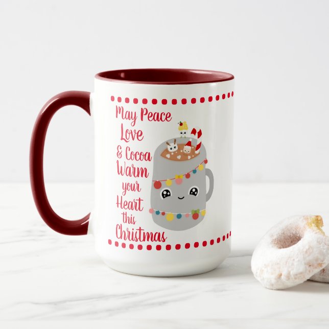 Festive Red Kawaii Peace Love Cocoa Merry Xmas Mug (With Donut)