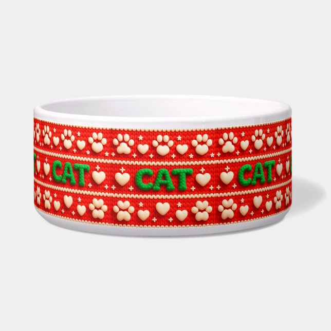 Festive Red Knit Pattern with Cat Paws and Hearts (Front)