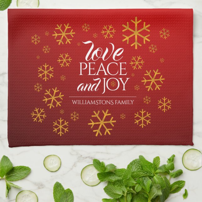 Festive Red Love, Peace, and Joy with Snowflakes Kitchen Towel (Folded)