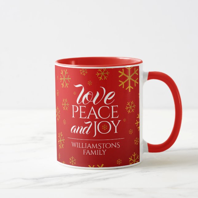 Festive Red Love, Peace, and Joy with Snowflakes Mug (Right)