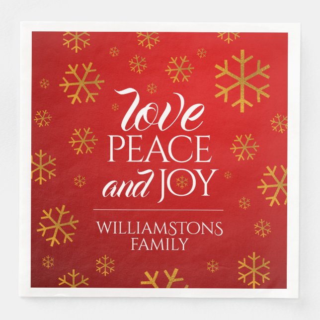 Festive Red Love, Peace, and Joy with Snowflakes Napkin (Front)
