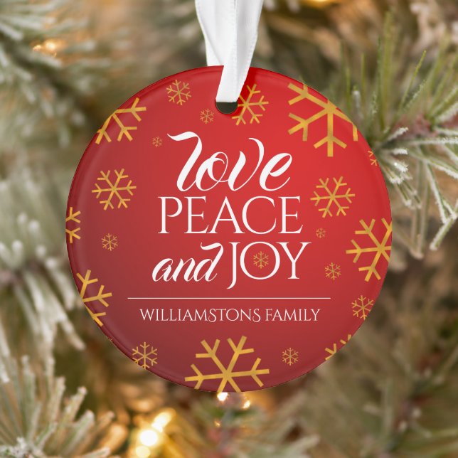 Festive Red Love, Peace, and Joy with Snowflakes Ornament (Tree)