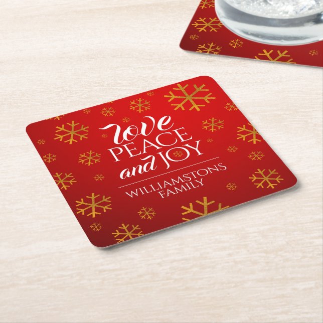 Festive Red Love, Peace, and Joy with Snowflakes Square Paper Coaster (Angled)