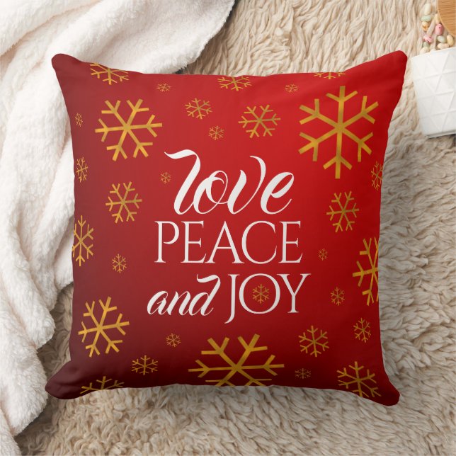 Festive Red Love, Peace, and Joy with Snowflakes Throw Pillow (Blanket)