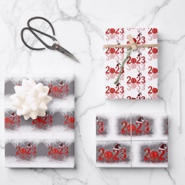 Festive Red Merry Christmas New Year 2023 Wrapping Paper Sheet (Front)