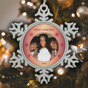 Festive Red Metallic Snowflake Family Photo Pewter Christmas Ornament