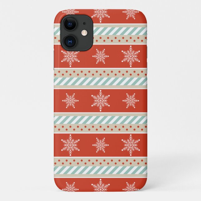 Festive Red Mint Stripes Snowflakes Pattern Case-Mate iPhone Case (Back)