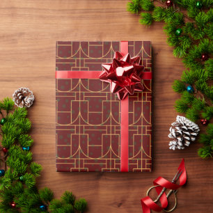 Festive Red Modern Art Deco Gold Pattern 111 Wrapping Paper