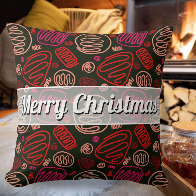 Festive Red One Line Artistic Pattern Christmas Throw Pillow (Creator Uploaded)