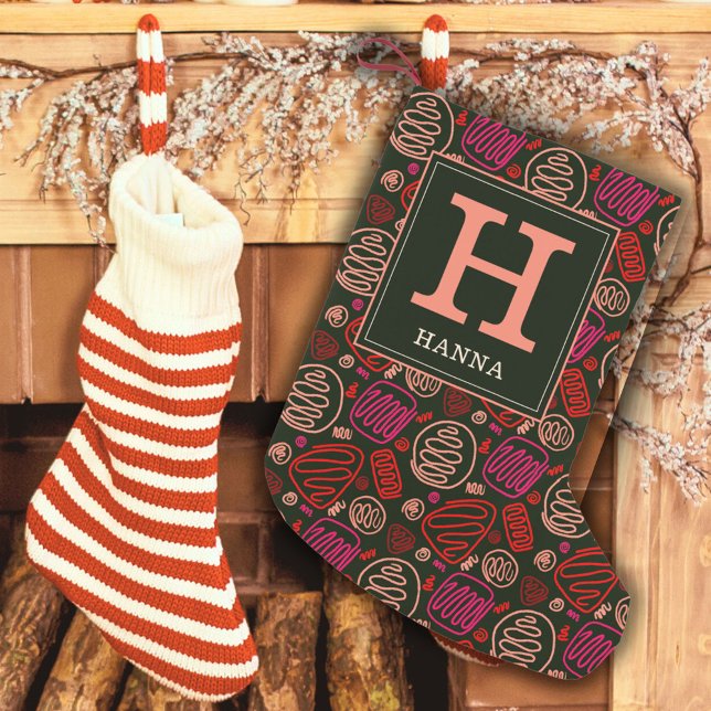 Festive Red One Line Artistic Pattern Monogram  Small Christmas Stocking (Creator Uploaded)
