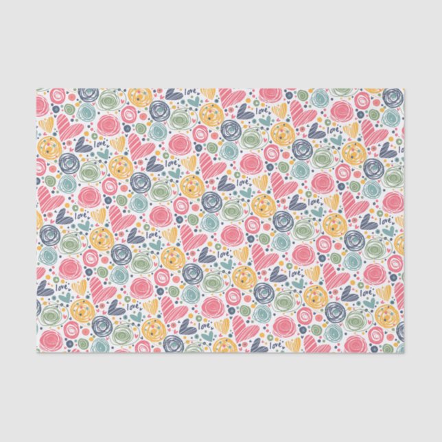 Festive Red Peach Blush Pink Blue Heart Pattern Tissue Paper (Front)
