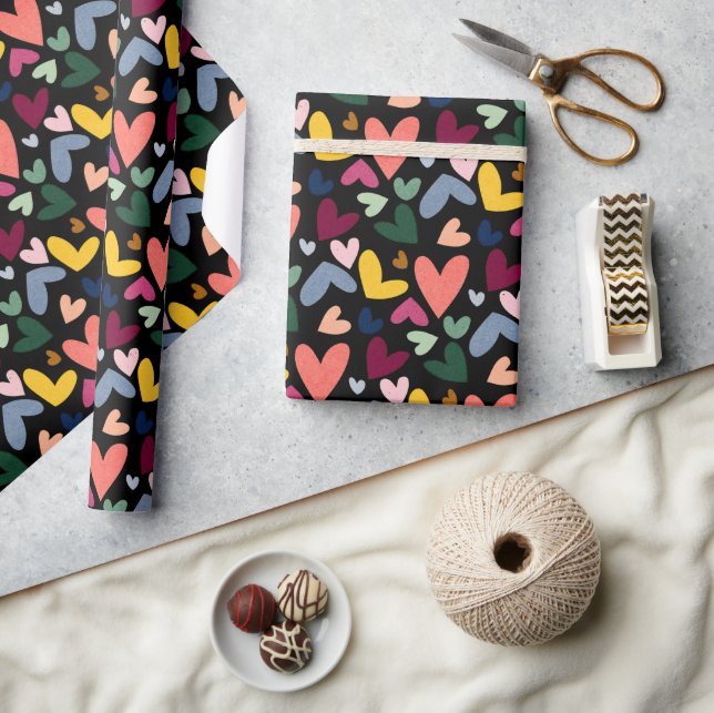Festive Red Peach Blush Pink Blue Heart Pattern Wrapping Paper (Crafts)