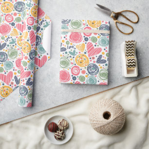 Festive Red Peach Blush Pink Blue Heart Pattern Wrapping Paper