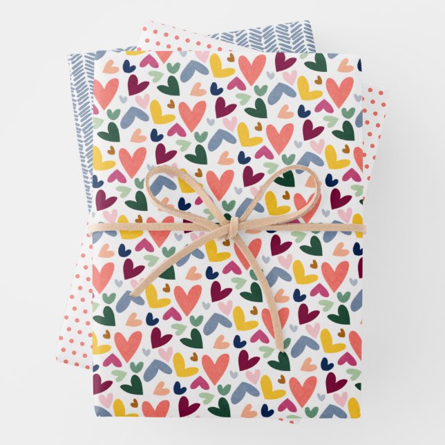 Festive Red Peach Blush Pink Blue Heart Pattern Wrapping Paper Sheet (In situ)
