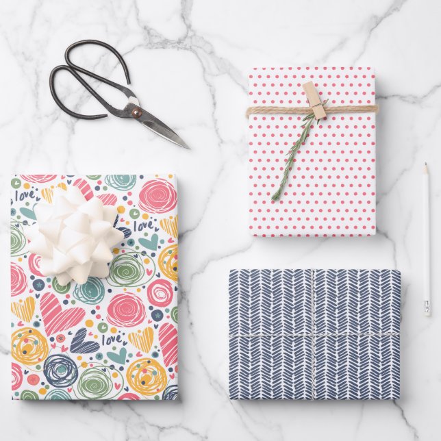 Festive Red Peach Blush Pink Blue Heart Pattern Wrapping Paper Sheet (Front)