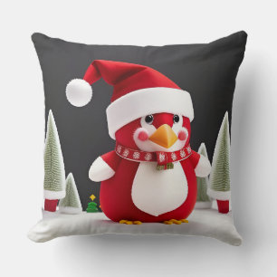 Festive Red Penguin in Santa Hat Throw Pillow