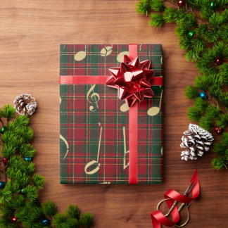 Festive Red Plaid and Gold Music Notes Christmas Wrapping Paper