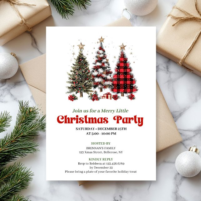 Festive red plaid buffalo Christmas tree invites (Festive red plaid buffalo Christmas tree invitation)