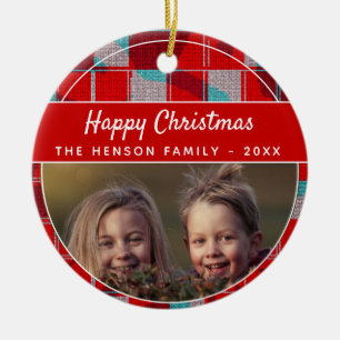 Festive Red Plaid Happy Christmas Family Photo Ceramic Ornament