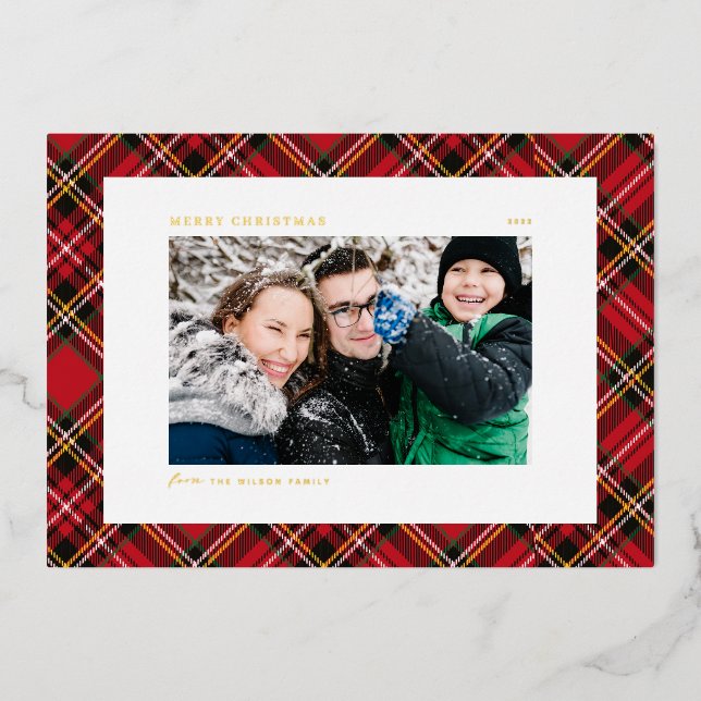 Festive Red Plaid Pattern Photo Merry Christmas Foil Holiday Card (Front)