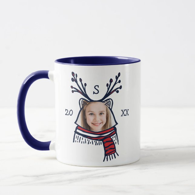 Festive Red Plaid Raccoon Character Photo Holiday Mug (Left)
