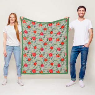 Festive Red Poinsettia Christmas Floral Fleece Blanket