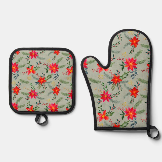 Festive Red Poinsettia Christmas Floral Oven Mitt & Pot Holder Set (Front)