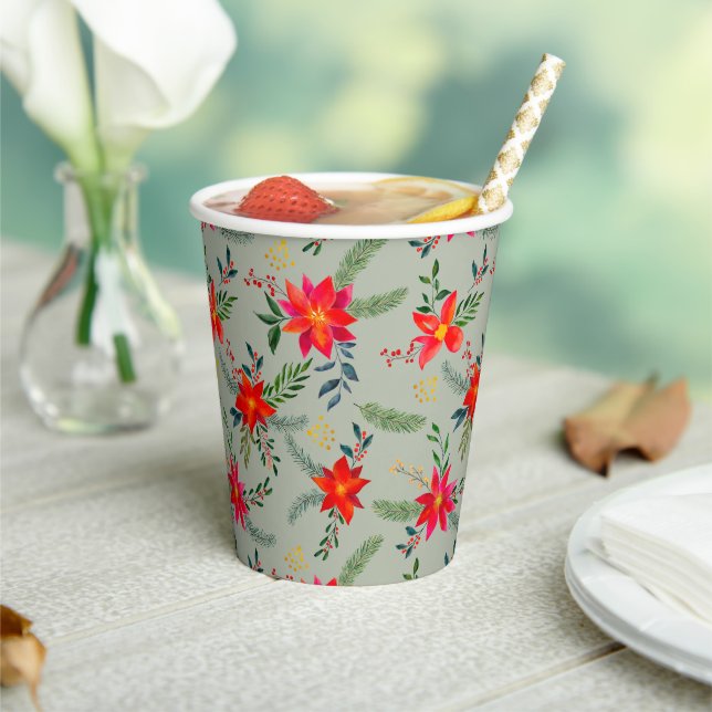 Festive Red Poinsettia Christmas Floral Paper Cups (Insitu)