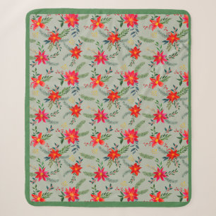 Festive Red Poinsettia Christmas Floral Sherpa Blanket