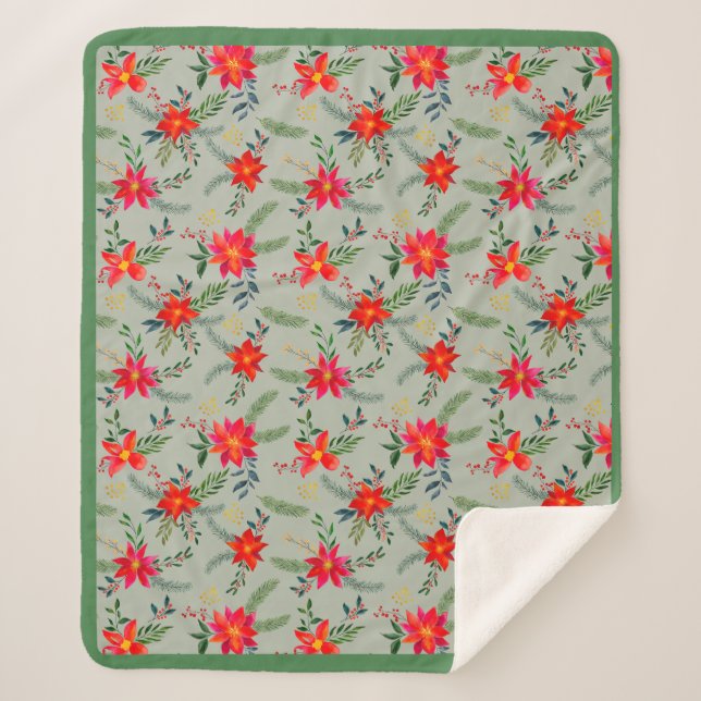 Festive Red Poinsettia Christmas Floral Sherpa Blanket (Front)