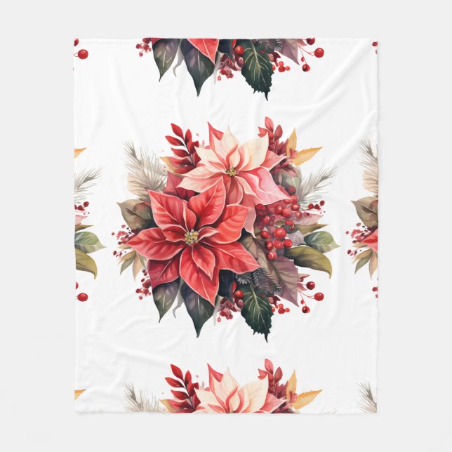 Festive Red Poinsettia Christmas Flowers Fleece Blanket (Front)