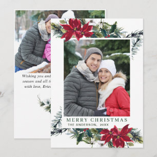 Festive Red Poinsettia Christmas Greeting 2 PHOTO Holiday Card