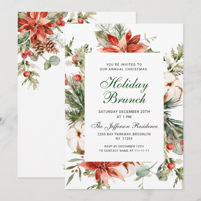 Festive Red Poinsettia Christmas Holiday Brunch Invitation (Front/Back)