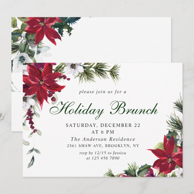Festive Red Poinsettia Christmas Holiday Brunch Invitation (Front/Back)