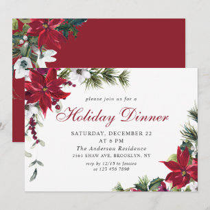 Festive Red Poinsettia Christmas Holiday Dinner Invitation