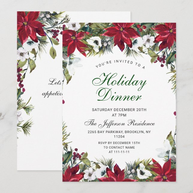 Festive Red Poinsettia Christmas Holiday Dinner Invitation (Front/Back)